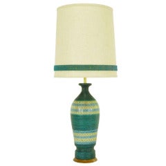 Antique Blue-Green Incised Pottery Table Lamp After Aldo Lodi
