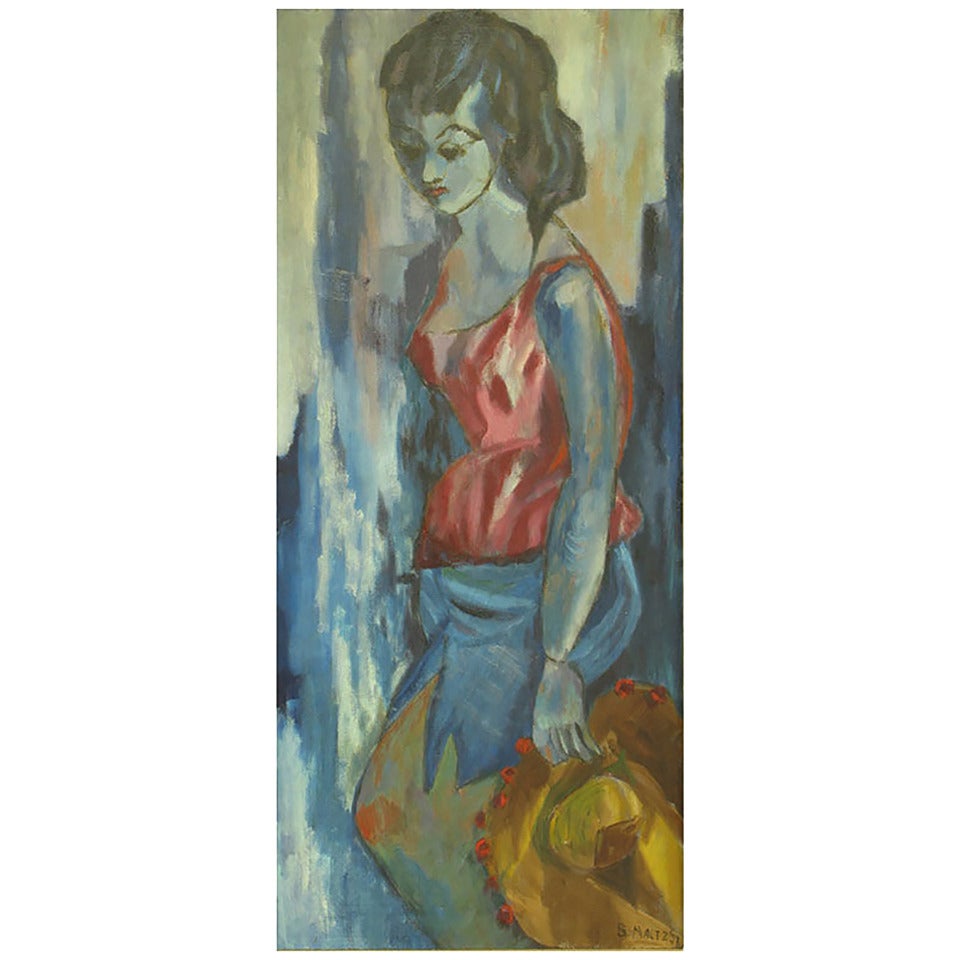 Blue Woman with Hat Oil on Canvas by B. Maltz For Sale