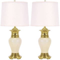 Pair of Urn Form Brass and Ivory Crackle Glaze Table Lamps