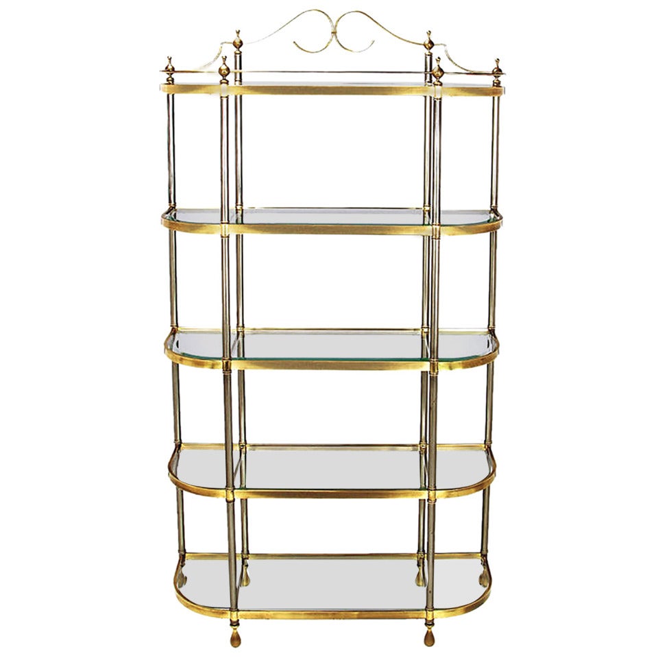 Italian Regency Brass and Brushed Steel, Five-Shelf Etagere