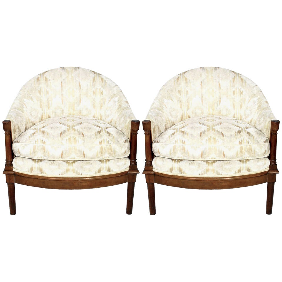 Pair of Moroccan Inspired White and Cream Velvet Barrel Club Chairs