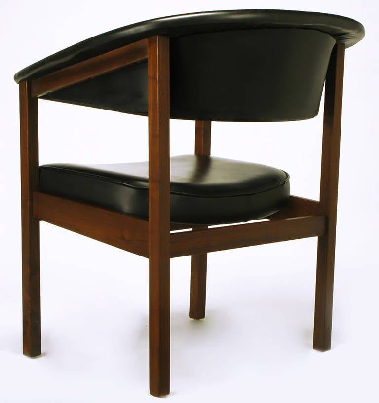 Mid-20th Century Walnut and Black Upholstery Barrel Back Desk Chair