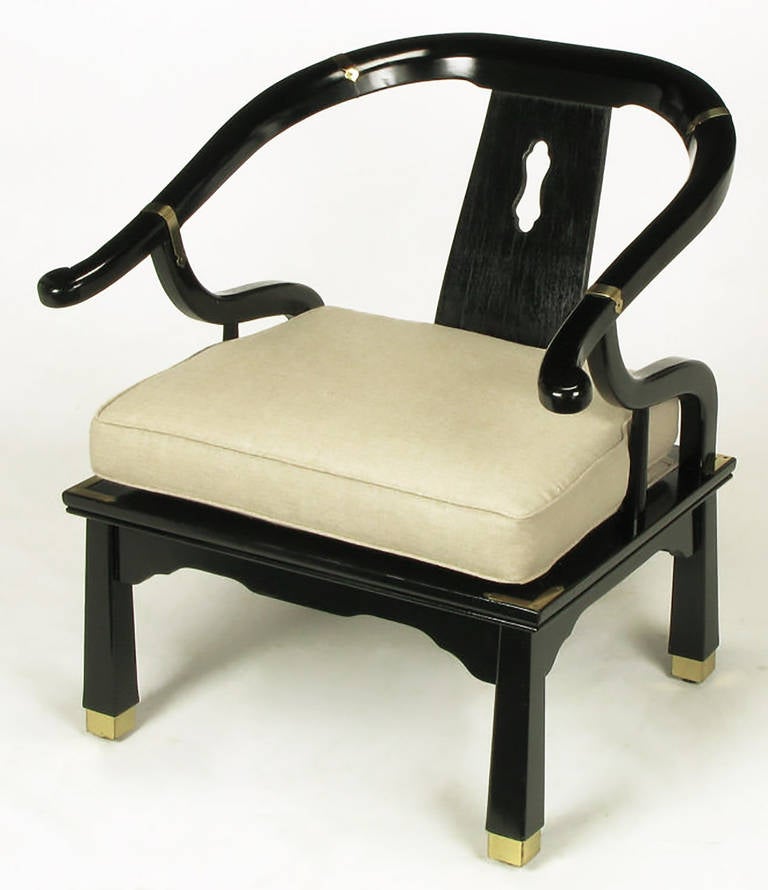 Pair of Black Lacquer and Linen Asian Style Lounge Chairs In Good Condition In Chicago, IL