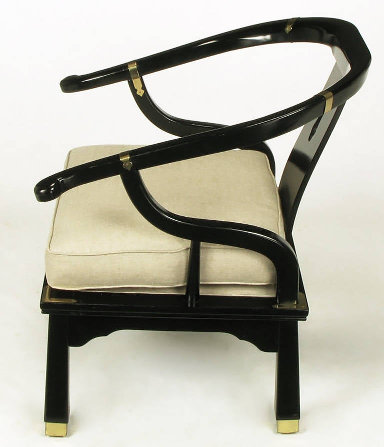 Late 20th Century Pair of Black Lacquer and Linen Asian Style Lounge Chairs