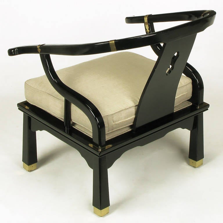 Wood Pair of Black Lacquer and Linen Asian Style Lounge Chairs