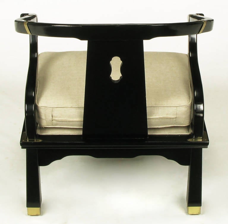 Pair of Black Lacquer and Linen Asian Style Lounge Chairs 1