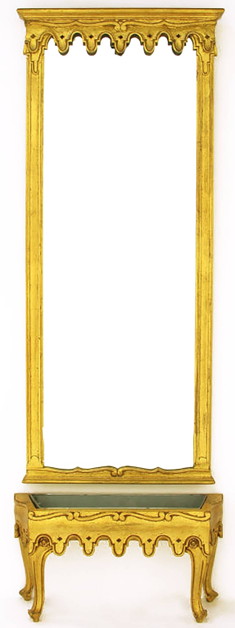 Italian giltwood two-piece pier mirror and concealed jardiniere by La Barge. Classic Italian design with large narrow mirror hung over a footed shelf whose top can be removed to reveal a tin lined jardiniere. Constructed of beautifully gilt and