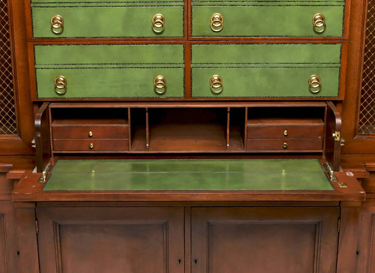 American Renzo Rutili Green Leather and Mahogany Breakfront Library Cabinet with Desk