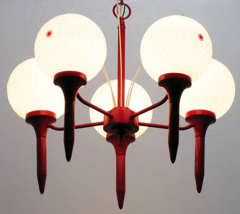 Mid-20th Century Five Light Golf Balls on Red Tees Chandelier with Hole Flags