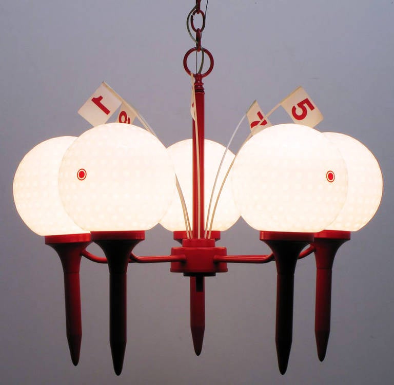 American Five Light Golf Balls on Red Tees Chandelier with Hole Flags