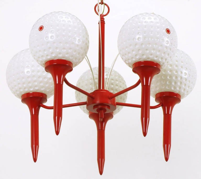 Five Light Golf Balls on Red Tees Chandelier with Hole Flags In Excellent Condition In Chicago, IL