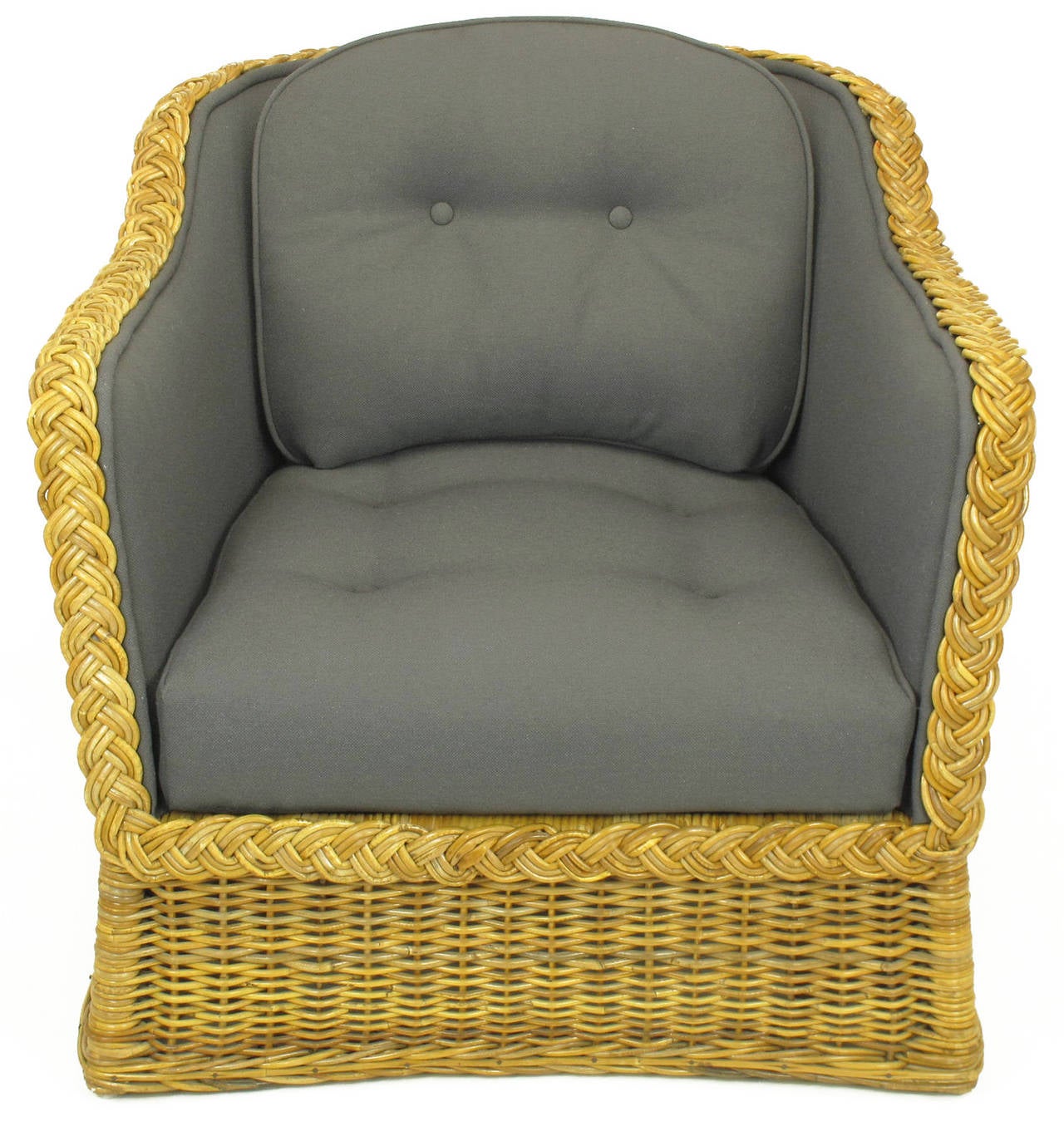 Elegant pair of hour glass form vintage wicker club chairs. Restored with grey wool blend button tufted upholstery. Loose back and seat cushions, very slight tonal variation between wicker frames.