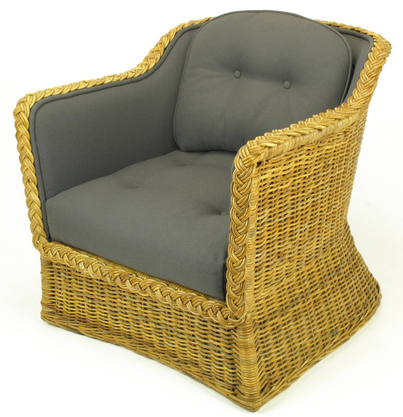 American Pair of 1970s Woven Rattan and Gray Button, Tufted Wool Club Chairs