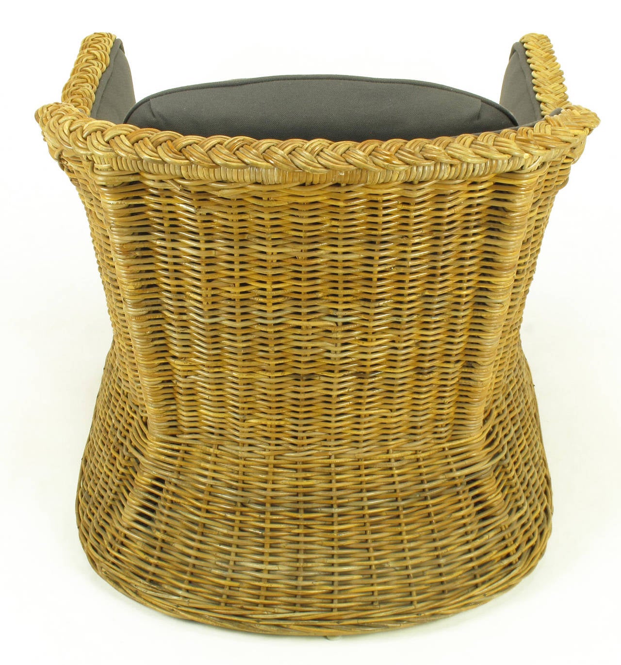 Late 20th Century Pair of 1970s Woven Rattan and Gray Button, Tufted Wool Club Chairs