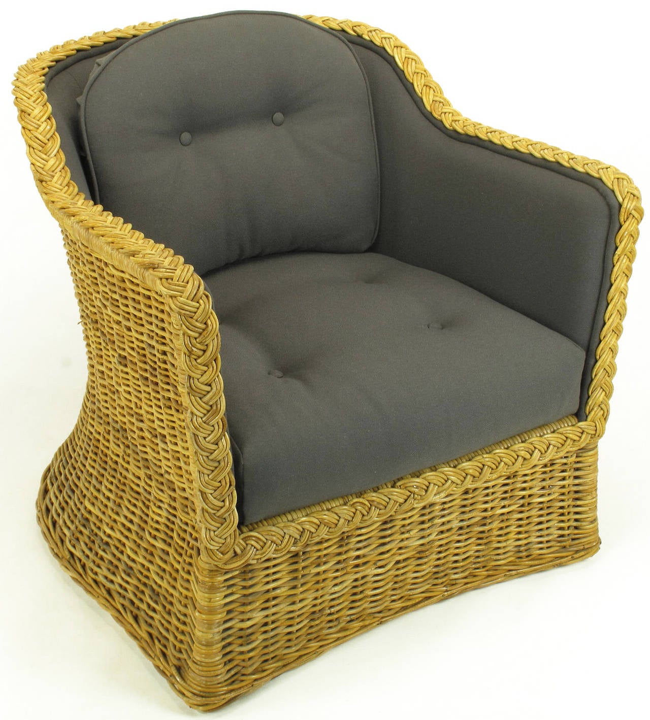 Wicker Pair of 1970s Woven Rattan and Gray Button, Tufted Wool Club Chairs