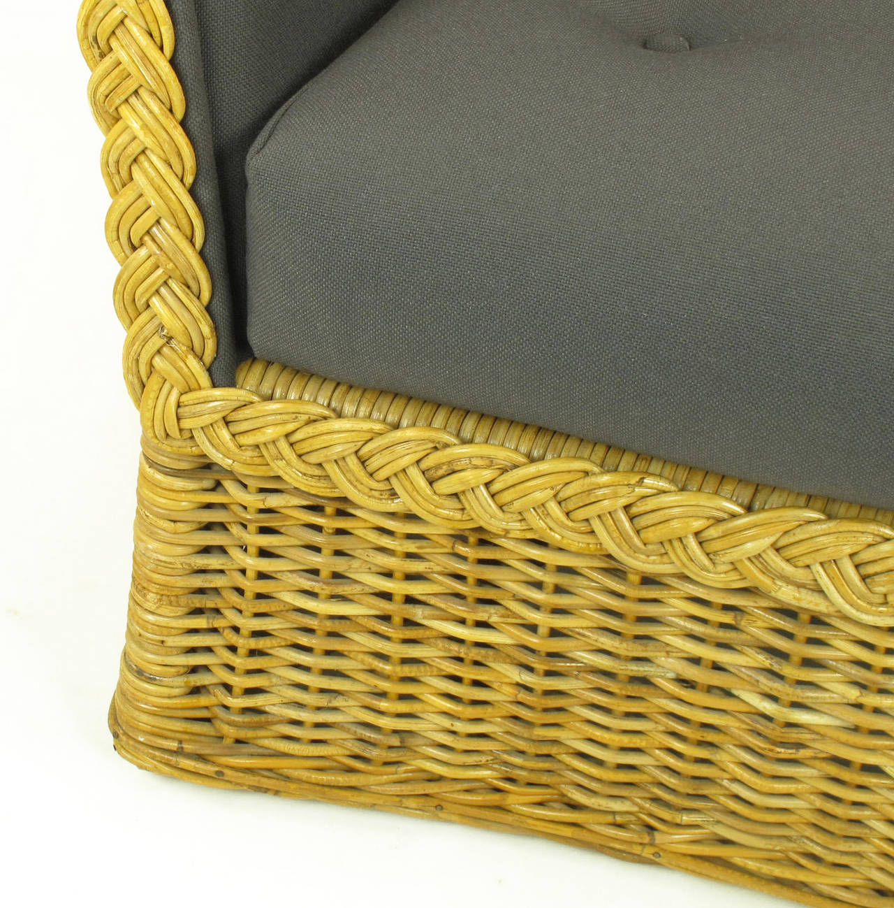 Pair of 1970s Woven Rattan and Gray Button, Tufted Wool Club Chairs 2