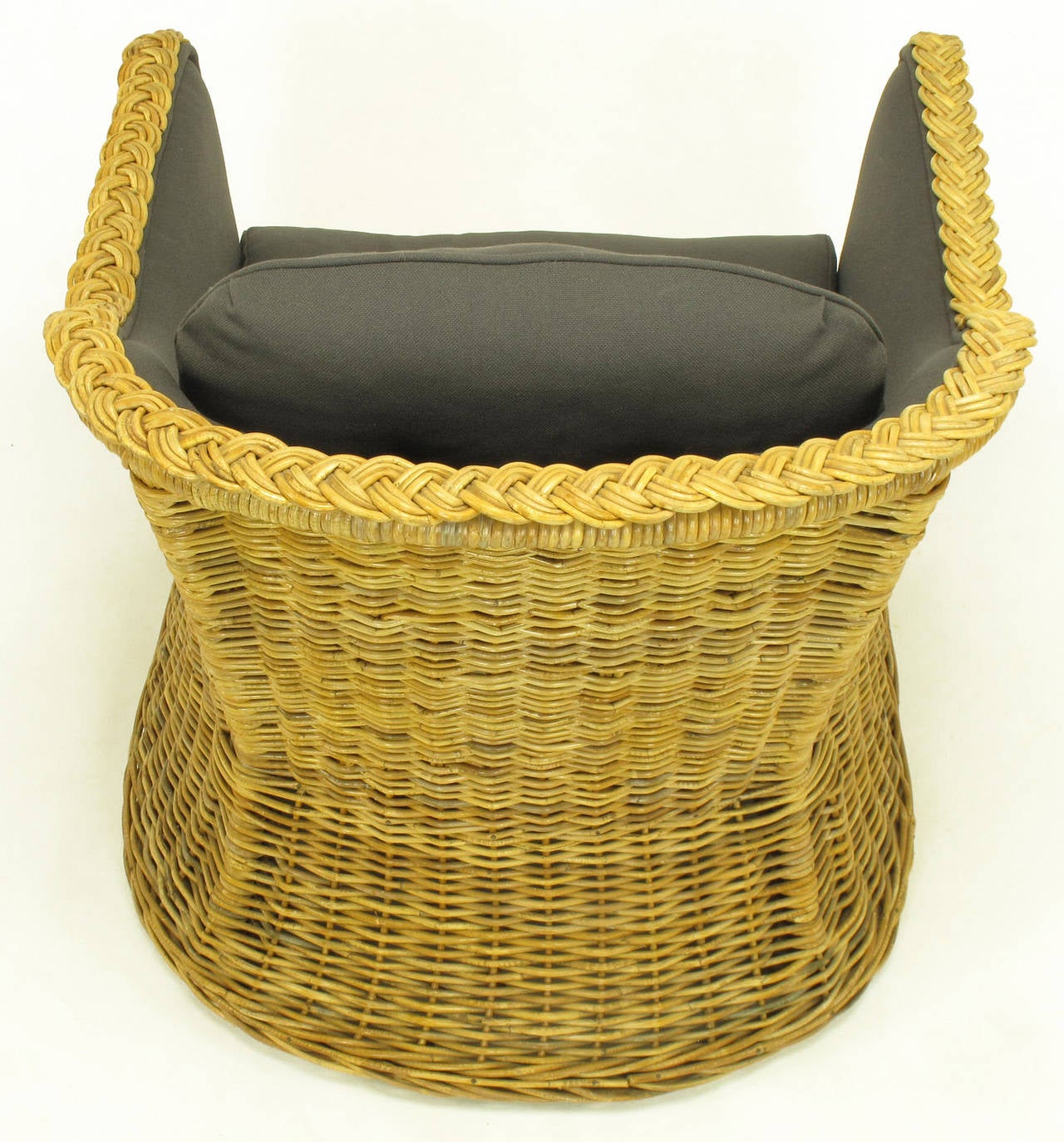 Pair of 1970s Woven Rattan and Gray Button, Tufted Wool Club Chairs 3