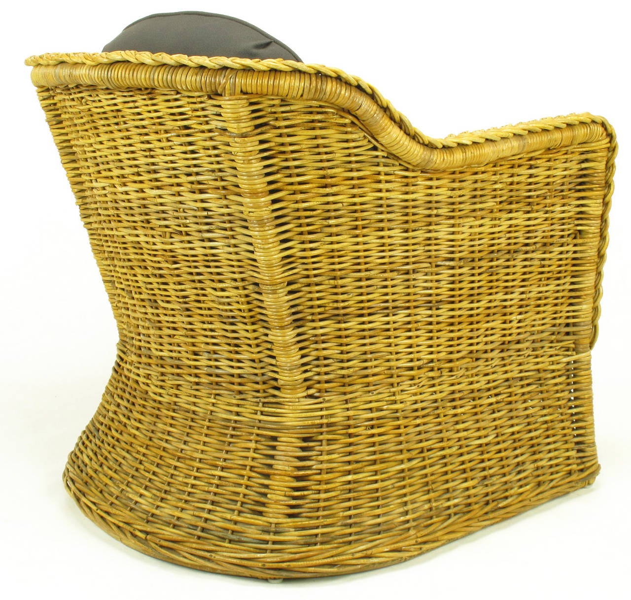Pair of 1970s Woven Rattan and Gray Button, Tufted Wool Club Chairs 4