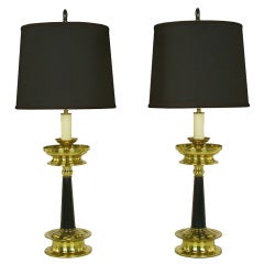 Pair Substantial Brass & Black Lacquer Table Lamps
