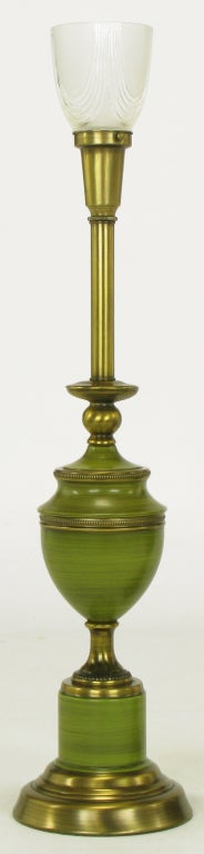 American Pair Antiqued Brass & Green Lacquer Empire Style Table Lamps