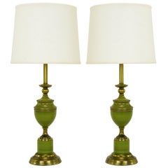 Pair Antiqued Brass & Green Lacquer Empire Style Table Lamps