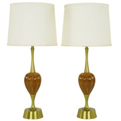 Pair Rembrandt Brass & Ceramic Umber Melon Table Lamps