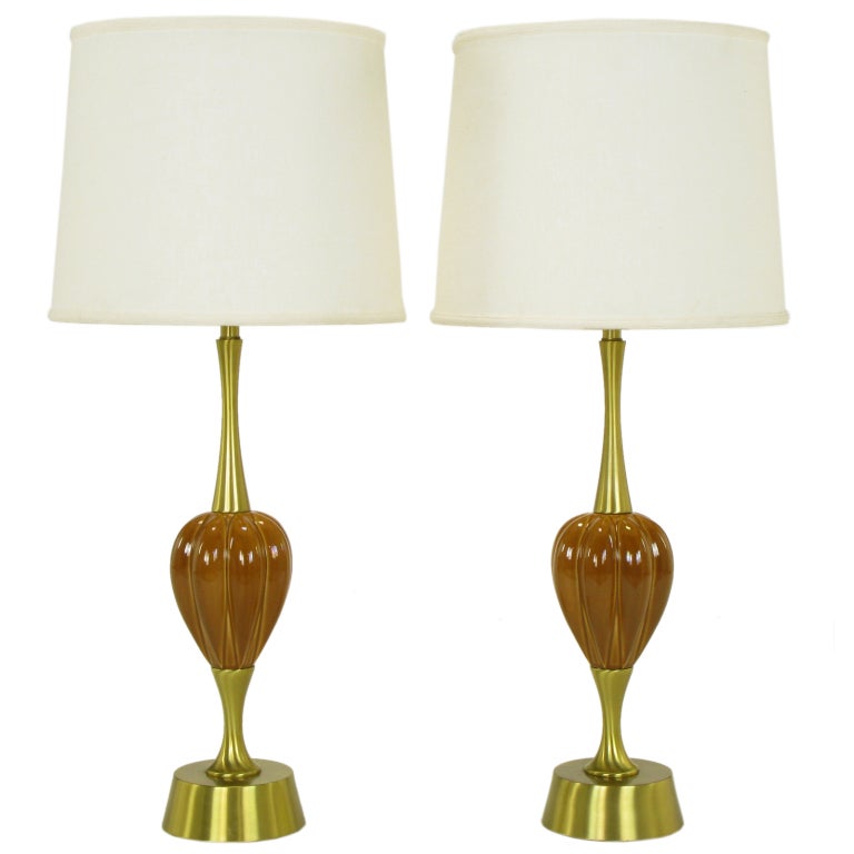 Pair Rembrandt Brass & Ceramic Umber Melon Table Lamps