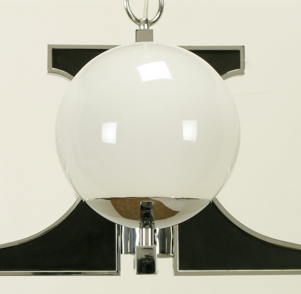 Chrome & Black Lacquer Chandelier With Milk Glass Globes 6