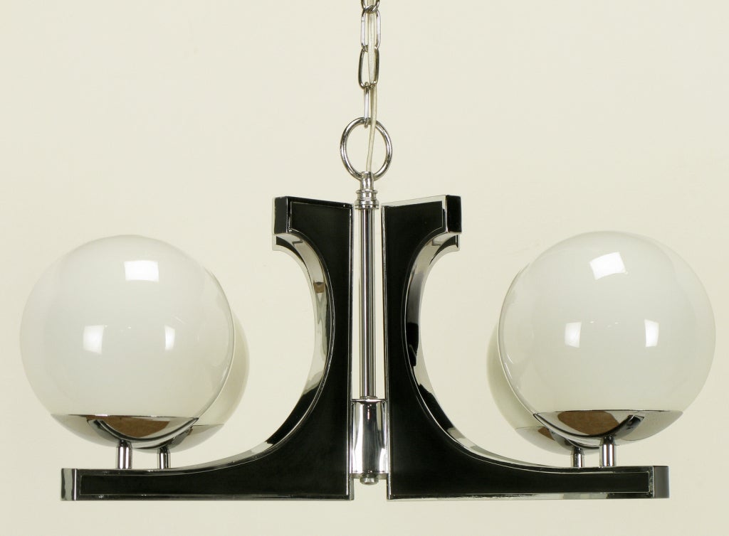 American Chrome & Black Lacquer Chandelier With Milk Glass Globes