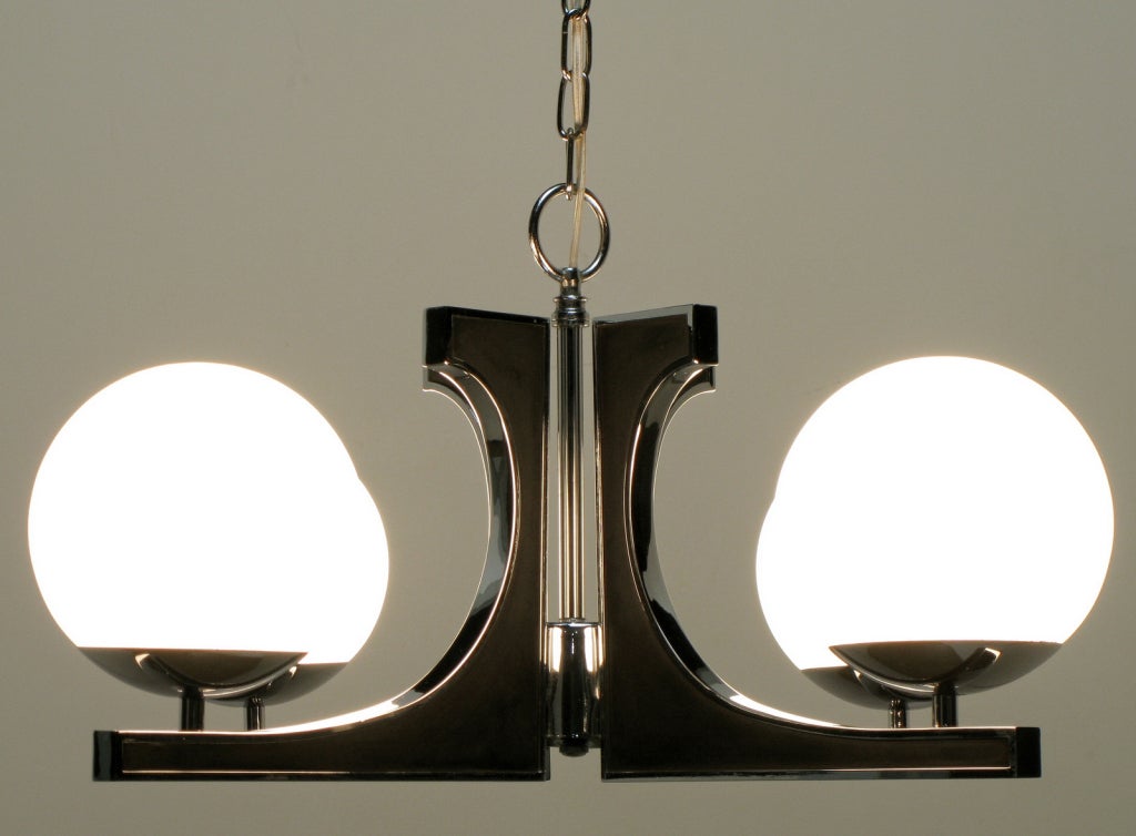 Mid-20th Century Chrome & Black Lacquer Chandelier With Milk Glass Globes