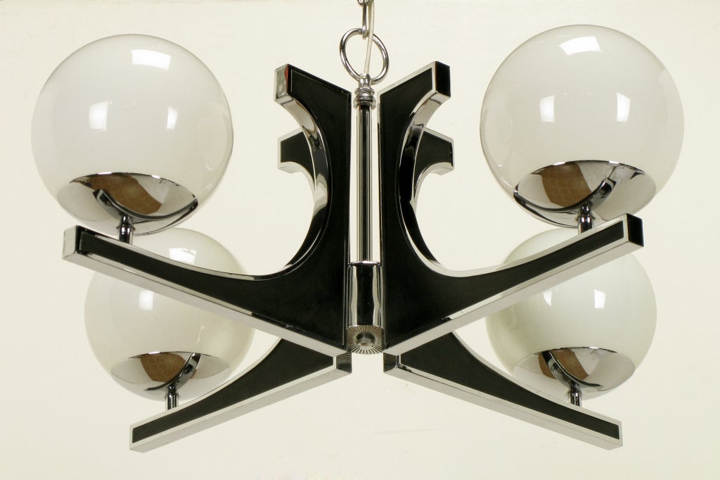 Chrome & Black Lacquer Chandelier With Milk Glass Globes 2