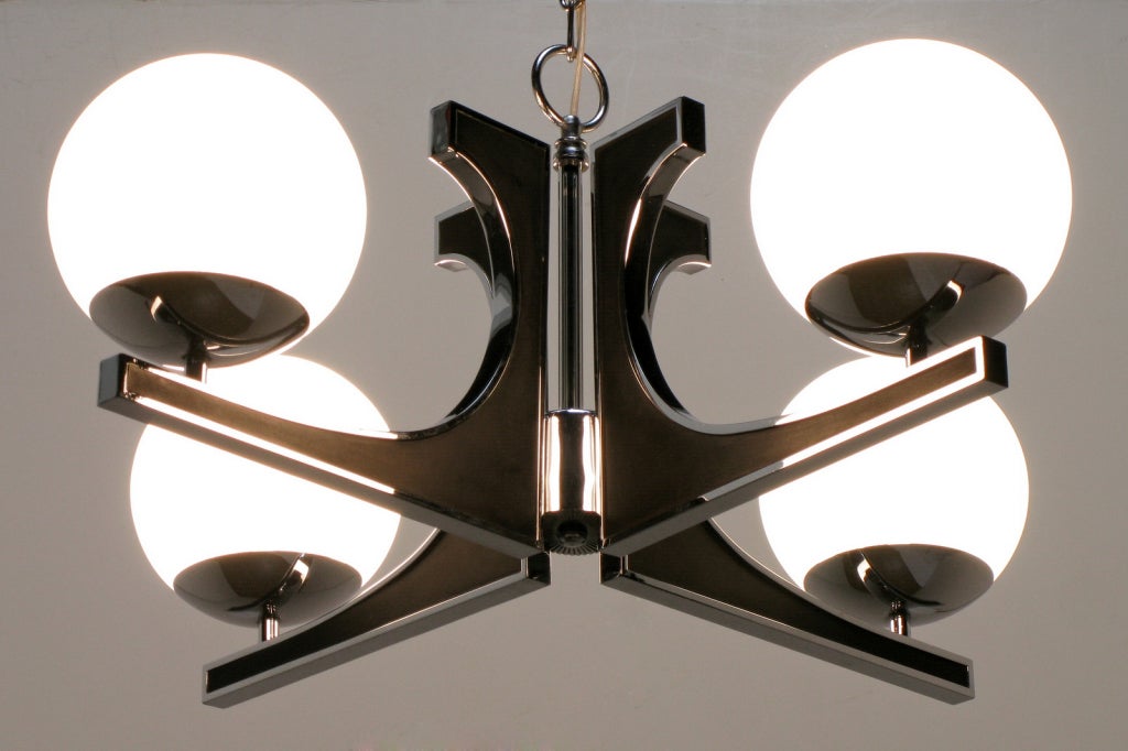 Chrome & Black Lacquer Chandelier With Milk Glass Globes 3