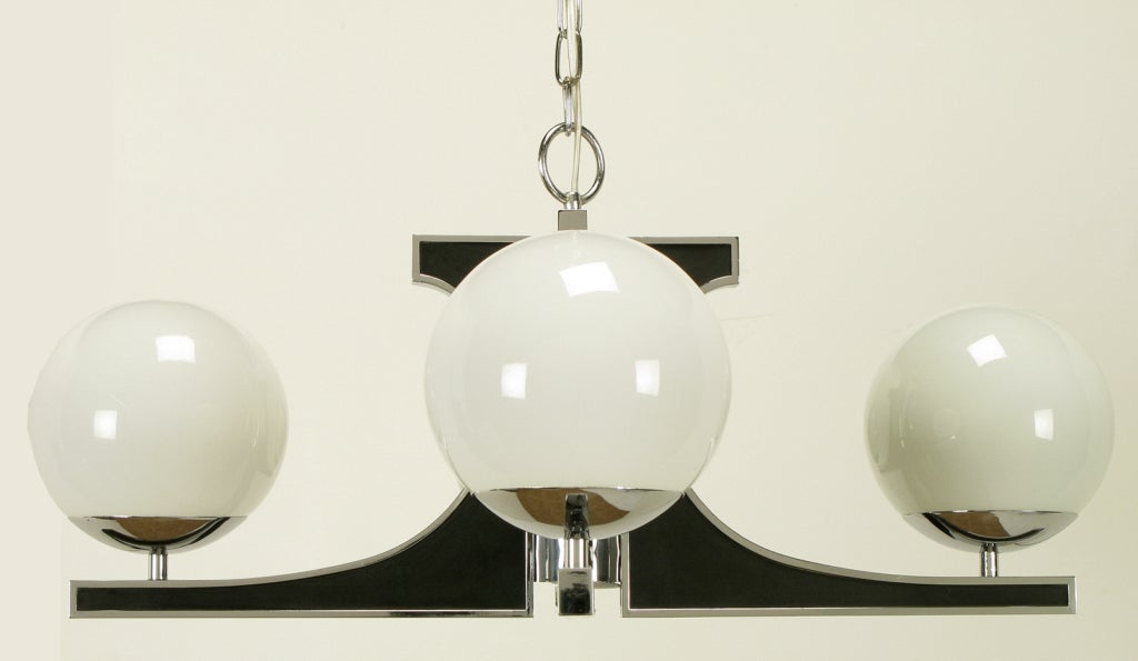Chrome & Black Lacquer Chandelier With Milk Glass Globes 4