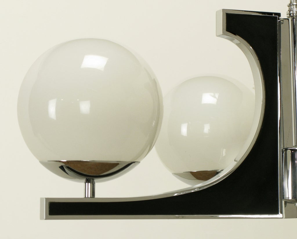 Chrome & Black Lacquer Chandelier With Milk Glass Globes 5