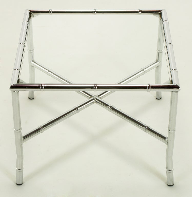 20th Century Pair of Chromed Steel Faux Bamboo X-Stretcher End Tables For Sale