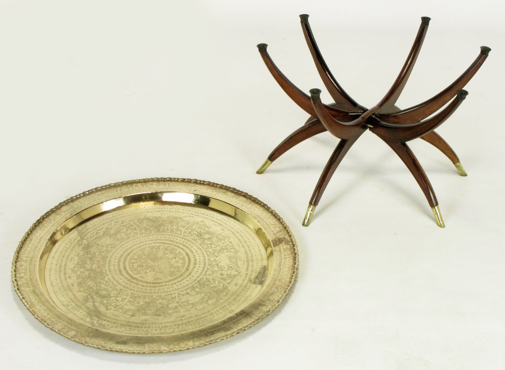20th Century Etched Brass & Mahogany Folding Six Leg Tray Table