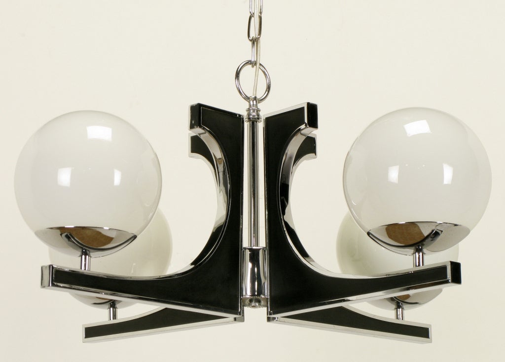 Chrome & Black Lacquer Chandelier With Milk Glass Globes 1