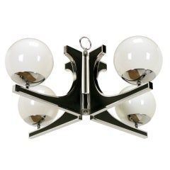 Chrome & Black Lacquer Chandelier With Milk Glass Globes