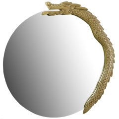 1970s Round Mirror With Carved & Lacquered Wood Dragon