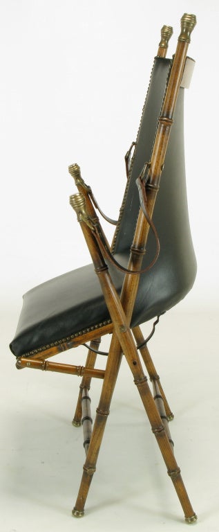 Wood Italian Campaign Chair in Black Leather For Sale