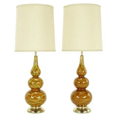 Pair Caramel Glazed Ceramic Triple Gourd Form Table Lamps