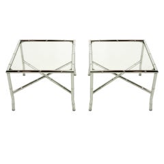 Pair of Chromed Steel Faux Bamboo X-Stretcher End Tables