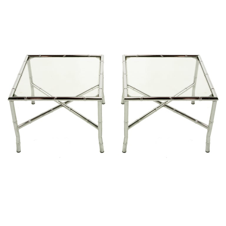 Pair of Chromed Steel Faux Bamboo X-Stretcher End Tables For Sale