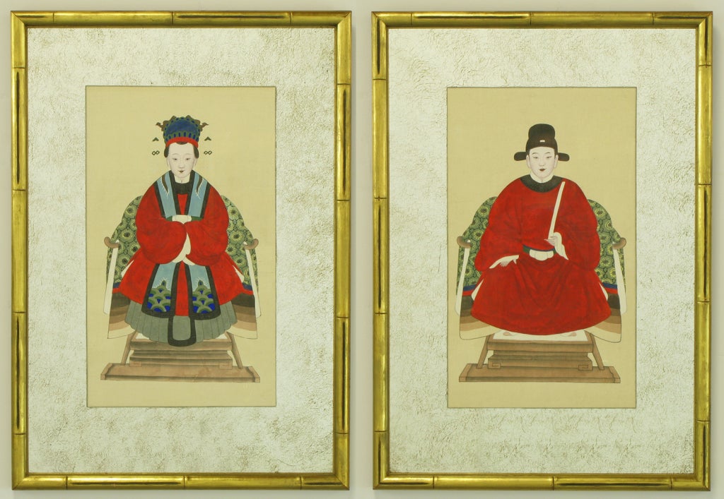 Pair Mirrored Mat & Gilt Framed Chinese Ancestor Portraits