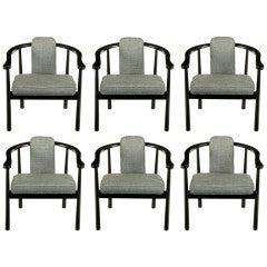 Set Six Slate Grey Linen Upholstered & Ebonized Dining Chairs