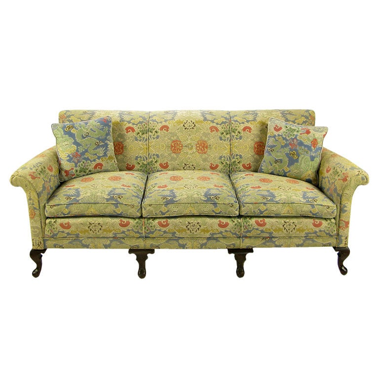 1940s Cabriole Leg Sofa With Colorful Linen Upholstery