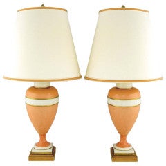Pair Marbro Coral & White Porcelain Neoclassical Lamps