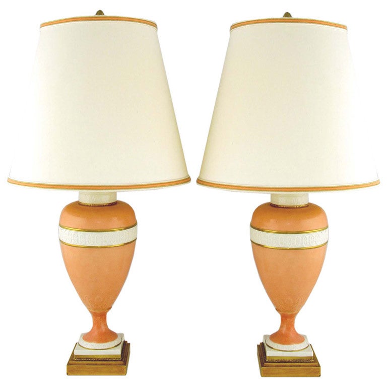 Pair Marbro Coral & White Porcelain Neoclassical Lamps