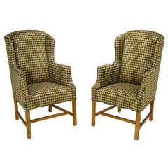 Vintage Pair 1940s Wing Chairs In A Colorful & Overscaled Houndstooth