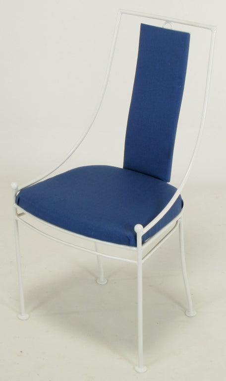 Six White Lacquered Iron & Blue Linen Dining Chairs